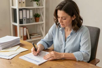 Femme remplissant des formulaires administratifs pour un changement d'adresse à son bureau à domicile