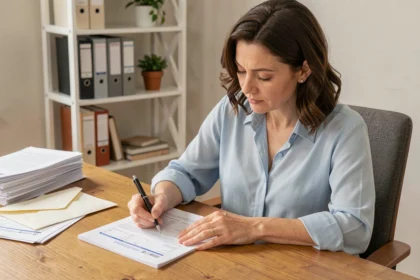 Femme remplissant des formulaires administratifs pour un changement d'adresse à son bureau à domicile