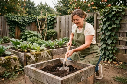 Femme au jardin retournant le compost dans un bac en bois pour enrichir la fertilité du sol