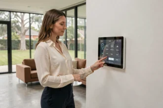 Femme interagissant avec un panneau de contrôle domotique dans un salon moderne et minimaliste