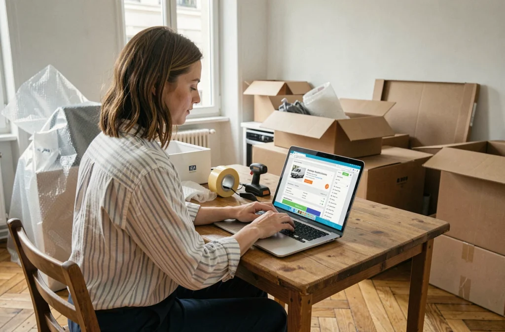 Femme comparant des offres de location d'utilitaire en ligne depuis son appartement en cours de déménagement
