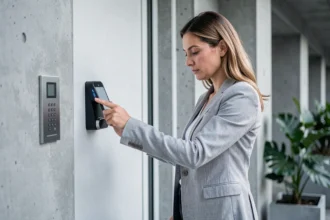 Femme utilisant une serrure connectée avec son smartphone à l'entrée d'un appartement moderne