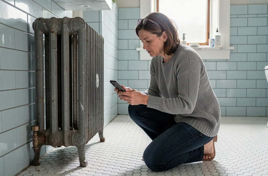 Femme photographiant le pied d'un radiateur fonte avec son smartphone pour vérifier la compatibilité avant commande