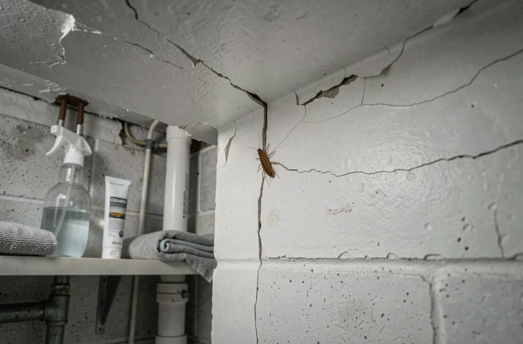 Coin de plafond fissuré dans une buanderie avec un spray répulsif naturel posé sur une étagère, illustration des zones d'entrée des centipèdes
