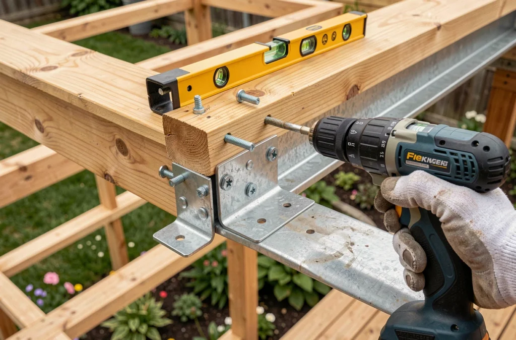 Fixation de lambourdes sur support métallique avec visserie de structure et niveau à bulle