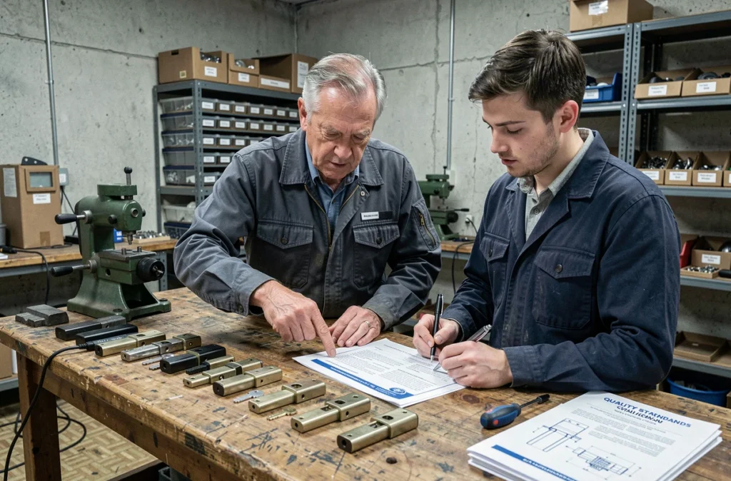 Maître serrurier et apprenti étudiant les critères d'un label qualité artisanal en atelier