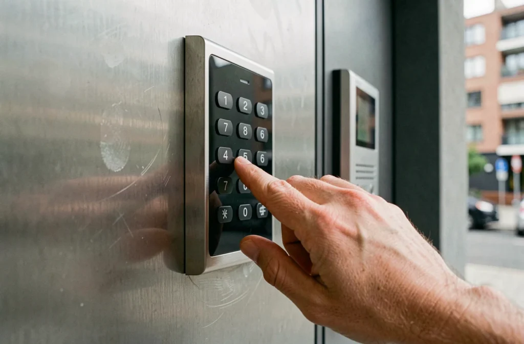 Gros plan sur un clavier de serrure connectée à l'entrée d'un immeuble résidentiel moderne