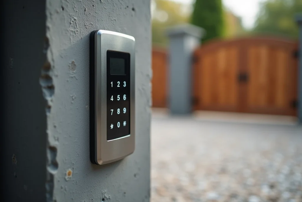 Gros plan sur un digicode en acier inoxydable avec clavier rétroéclairé monté sur un pilier en béton de portail