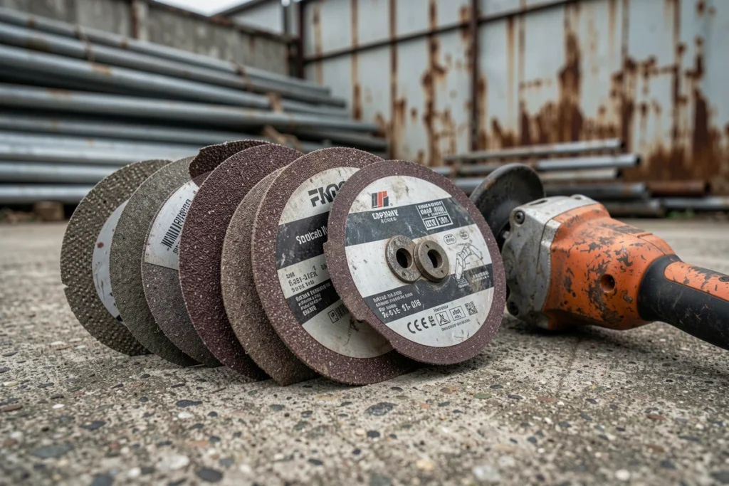 Gros plan de disques à tronçonner métal pour meuleuse posés sur du béton avec une meuleuse d'angle