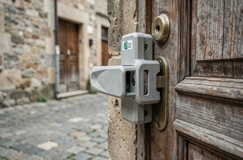 Gros plan d'une serrure écologique en métal recyclé et bioplastique installée sur une porte en chêne dans un centre-ville historique