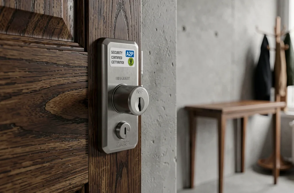 Gros plan sur une serrure haute sécurité avec label de certification anti-effraction sur une porte en chêne