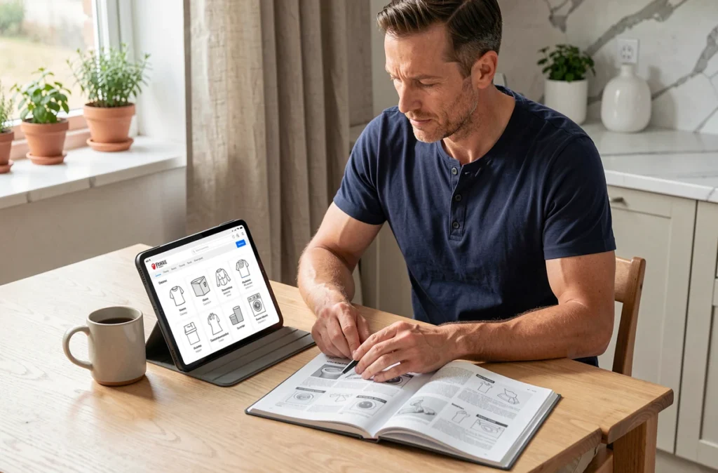 Homme consultant un guide des symboles d'essorage sur tablette et notice de machine à laver Valberg à la cuisine