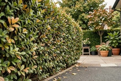Haie végétale dense de charme et troène délimitant un jardin résidentiel, offrant protection contre le vent et intimité