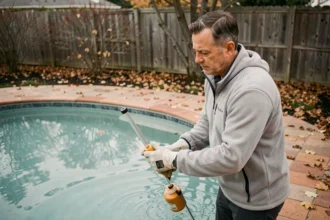 Homme ajoutant des produits hivernants dans une piscine extérieure en automne, étape clé de l'hivernage de piscine