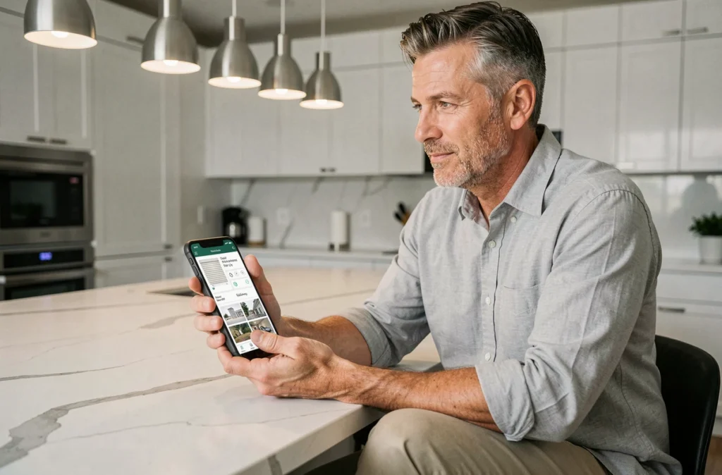 Homme consultant une application de domotique sur smartphone dans une cuisine contemporaine équipée