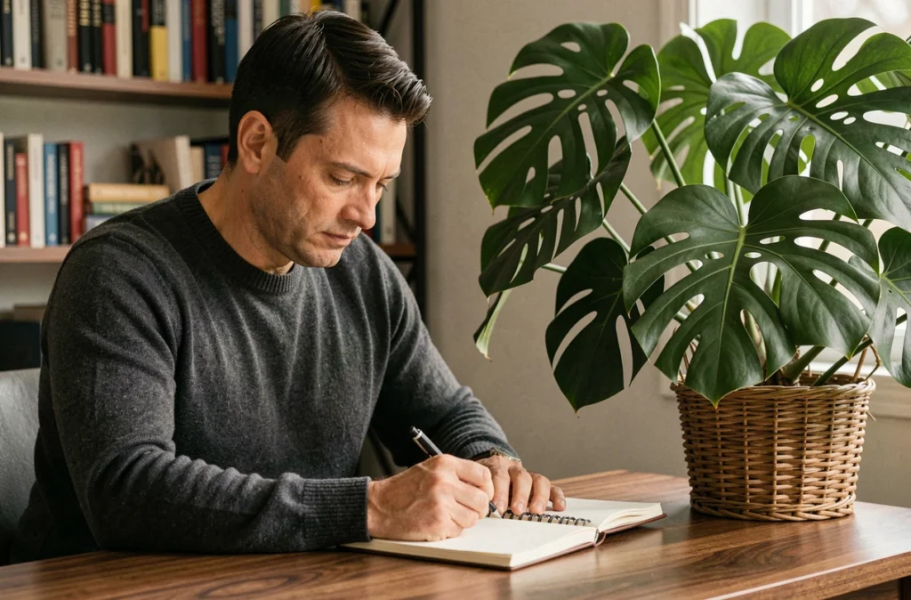 Homme concentré travaillant dans un bureau à domicile avec un grand monstera deliciosa en pot de rotin en arrière-plan