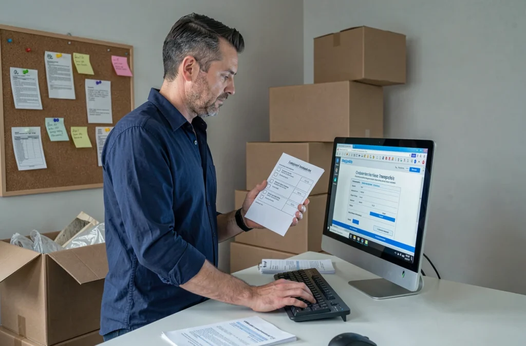 Homme consultant un formulaire de changement d'adresse en ligne depuis son bureau à domicile entouré de cartons de déménagement