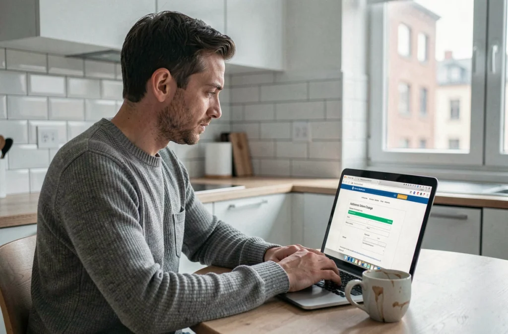 Homme effectuant un changement d'adresse en ligne sur ordinateur portable dans une cuisine moderne
