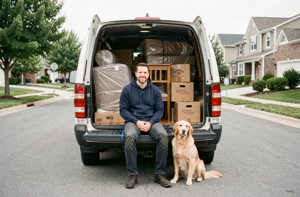 Homme avec son chien golden retriever assis à l'arrière d'un camion de déménagement dans une rue résidentielle