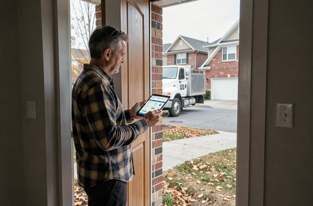 Homme comparant des offres d'énergie sur tablette devant sa maison lors d'un déménagement