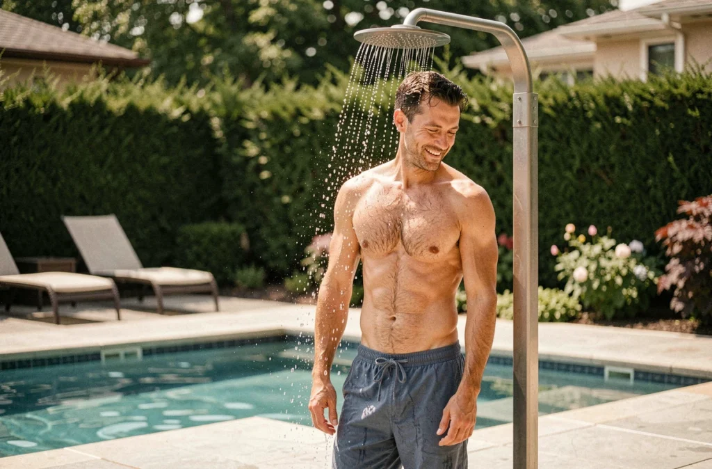 Homme utilisant une douche solaire autonome près de la piscine dans un jardin résidentiel