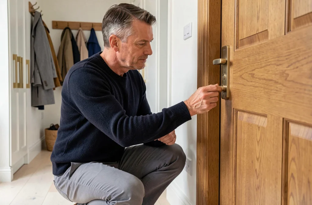 Homme inspectant une serrure connectée installée sur une porte en bois dans un logement neuf