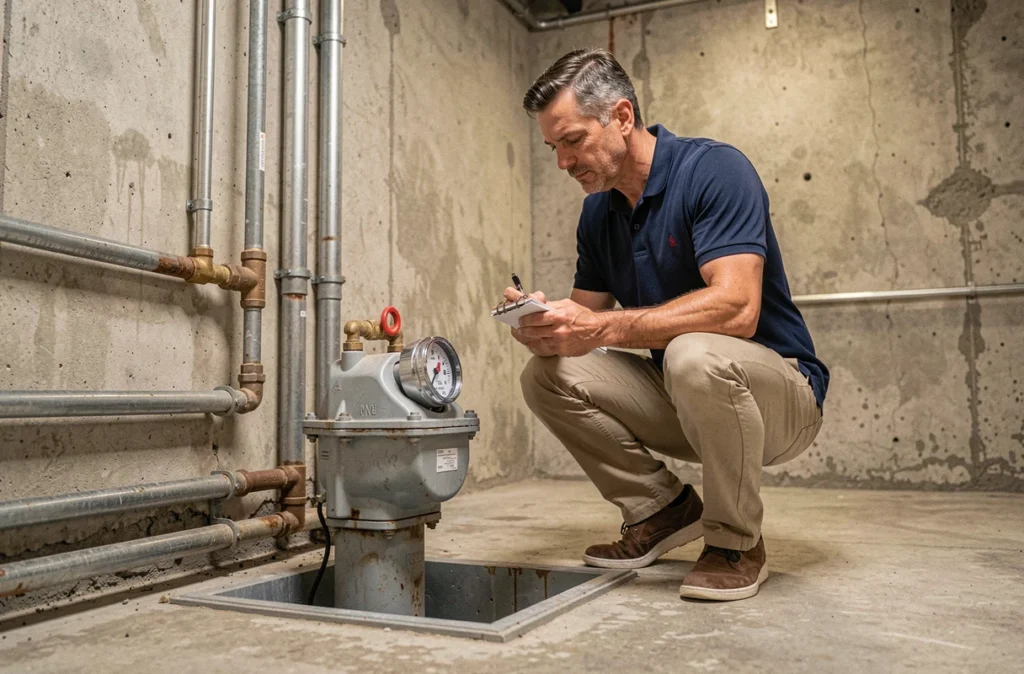 Homme lisant un compteur d'eau dans une chaufferie résidentielle pour suivre sa consommation en m3