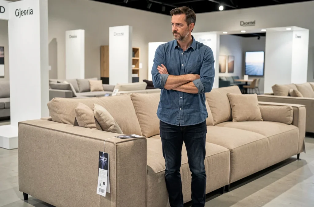 Homme debout dans un showroom de meubles examinant le prix d'un canapé modulable beige avant d'utiliser un code promo Sklum