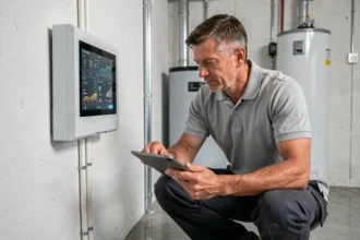 Ingénieur examinant un tableau de gestion énergétique domestique dans une chaufferie moderne, illustrant la performance énergétique résidentielle avec Ancronix Maison