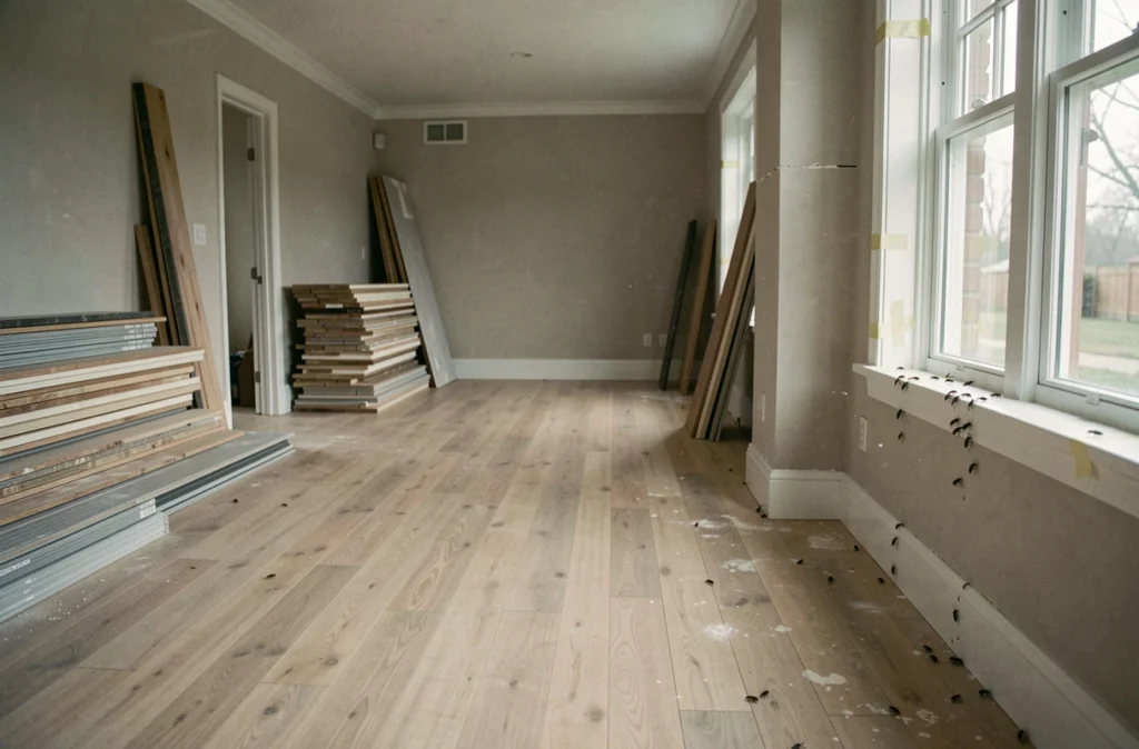 Traînée de petits insectes noirs dans un salon en cours de rénovation avec matériaux de construction