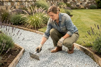 Femme en train de ratisser une allée de gravier gris dans un jardin verdoyant avec bordure en bois