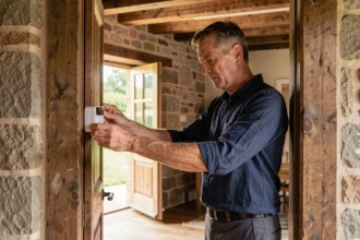 Homme installant un dispositif anti-intrusion sur le cadre de porte d'une maison française en pierre