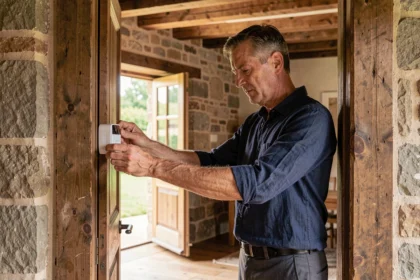 Homme installant un dispositif anti-intrusion sur le cadre de porte d'une maison française en pierre