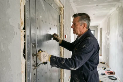 Artisan installant une porte blindée dans un appartement en cours de rénovation énergétique