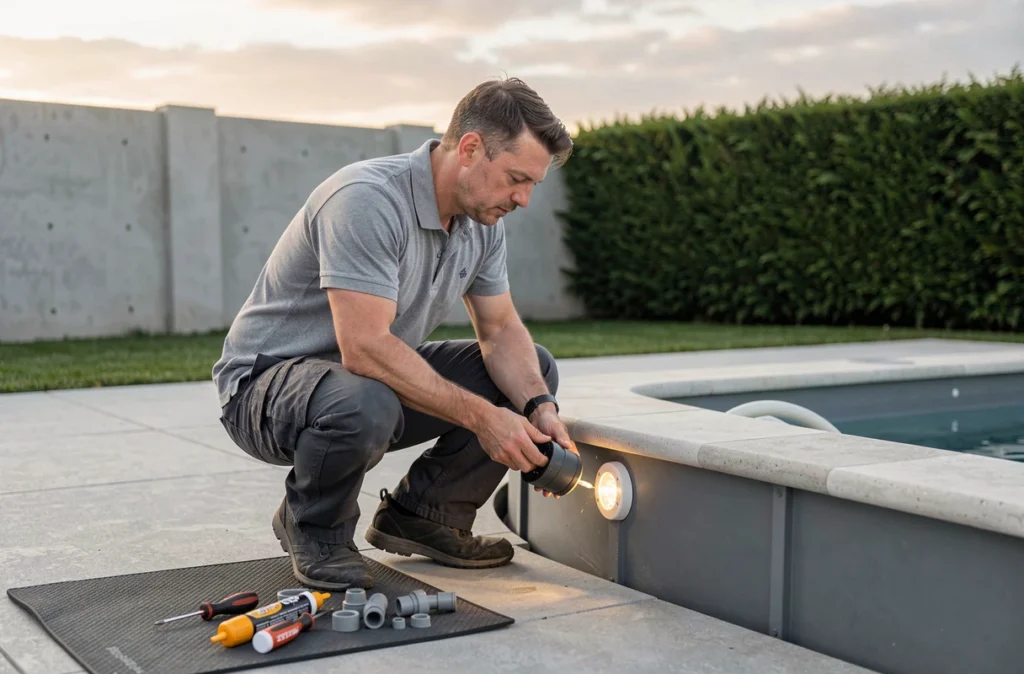 Électricien installant un spot LED étanche sur le rebord d'une piscine extérieure