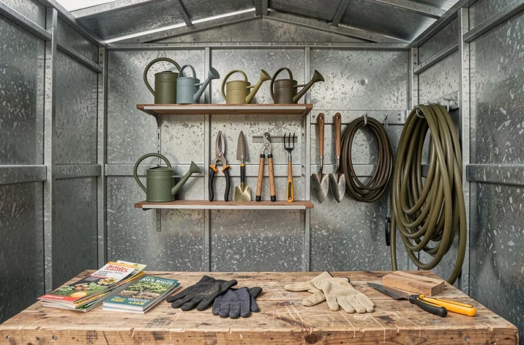 Intérieur rangé d'un abri de jardin métallique avec outils organisés sur des étagères murales