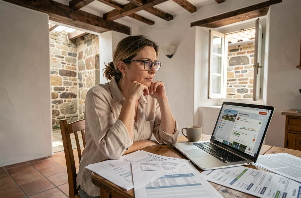 Investisseuse analysant la rentabilité locative d'un bien immobilier ancien sur son ordinateur portable