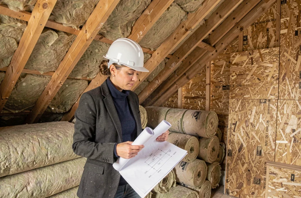 Architecte inspectant l'isolation en laine minérale dans les combles d'une maison en rénovation