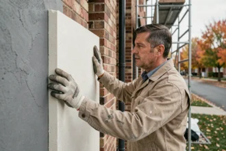 Ouvrier posant des panneaux d'isolation thermique par l'extérieur sur une maison résidentielle en automne