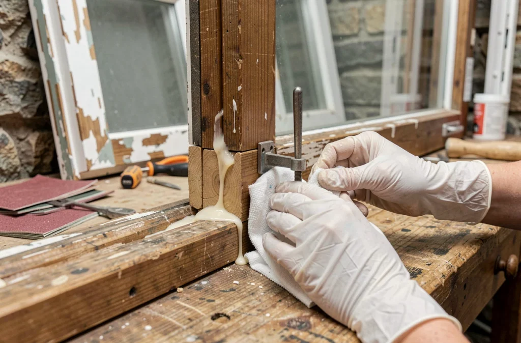 Gros plan sur la réparation d'un assemblage de fenêtre en bois ancien avec colle et serre-joint