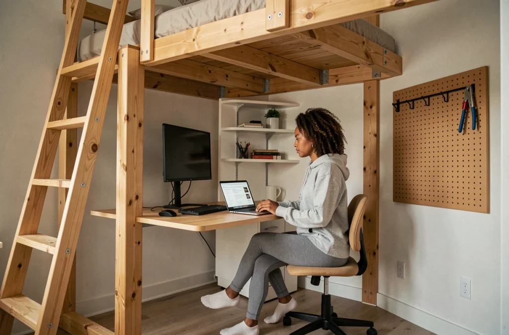 Jeune femme travaillant sous un lit mezzanine avec bureau intégré dans une petite chambre d'appartement moderne
