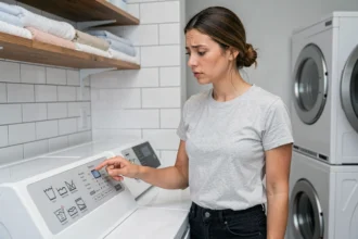 Femme examinant les symboles d'essorage sur le panneau d'une machine à laver Valberg dans une buanderie moderne