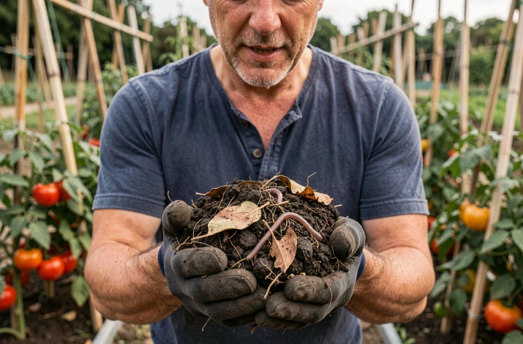 Homme tenant du compost fertile dans ses mains gantées dans un potager avec plants de tomates