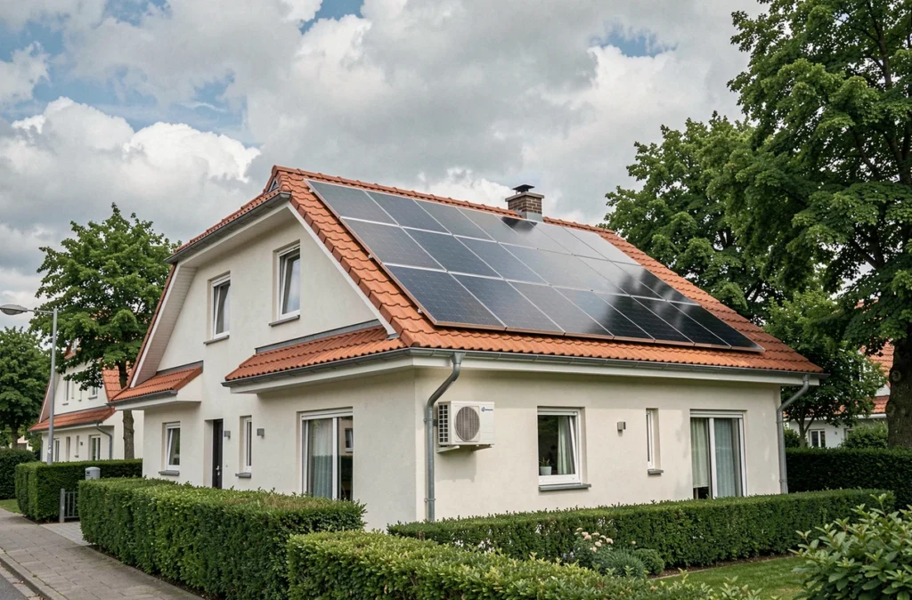 Maison résidentielle équipée de panneaux solaires photovoltaïques et d'une pompe à chaleur, illustrant une installation de performance énergétique optimale avec Ancronix Maison