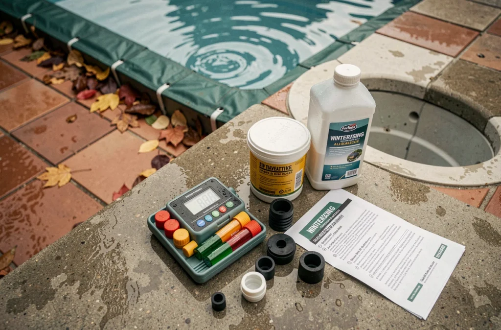 Kit de produits et accessoires pour l'hivernage d'une piscine disposés au bord du bassin, matériel complet d'hivernage