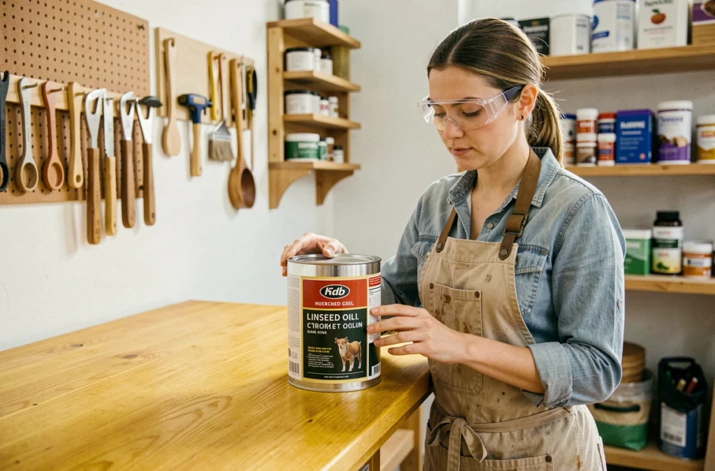 Menuisière lisant les précautions d'emploi sur une boîte d'huile de lin avant traitement d'une table en chêne en atelier