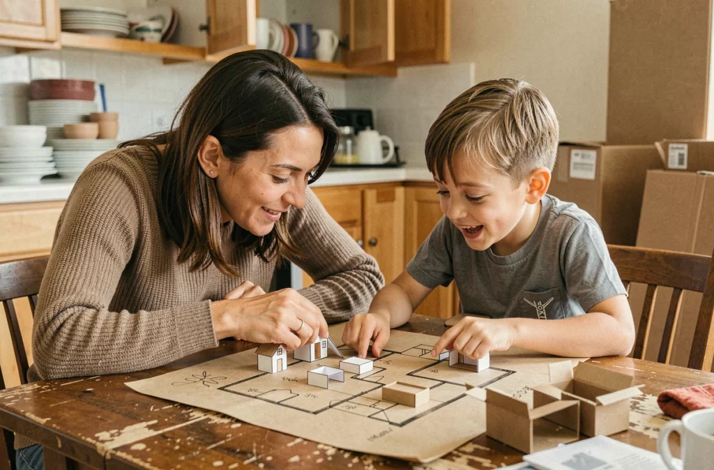 Mère et fils planifiant ensemble l'aménagement de leur nouvelle maison lors d'un déménagement