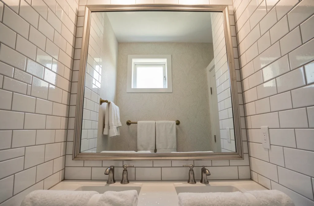 Grand miroir XXL couvrant tout un mur dans une salle de bain étroite avec carrelage métro blanc agrandissant visuellement l'espace