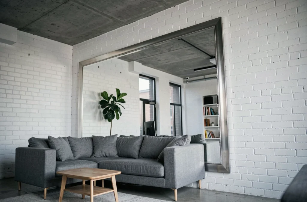 Miroir XXL mural dans un studio compact agrandissant la pièce avec reflet d'un canapé en lin gris et plante verte