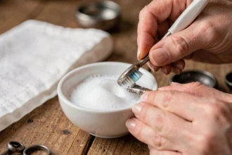 Mains de femme nettoyant une bague en argent noircie avec une brosse à dents et du bicarbonate de soude sur une table en bois
